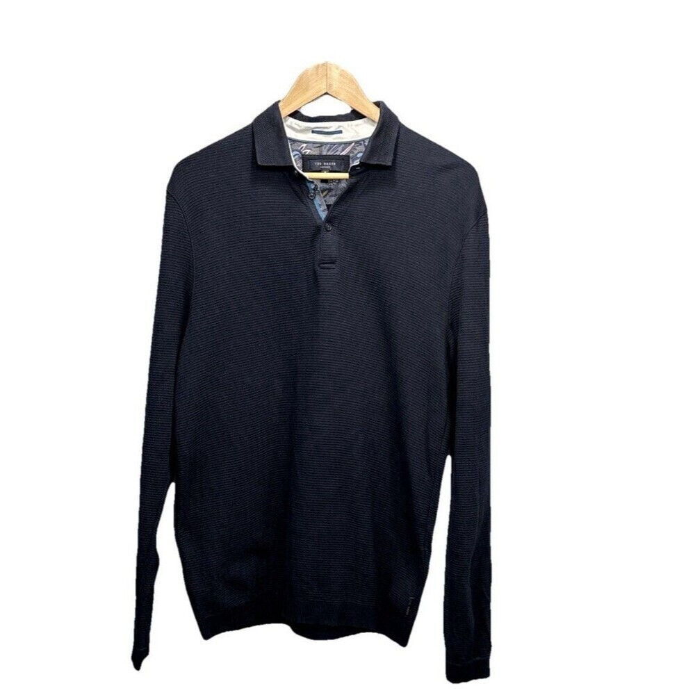 Ted Baker Terned Ribbed Polo Shirt Mens XL Navy Long Sleeve Cotton Size 5